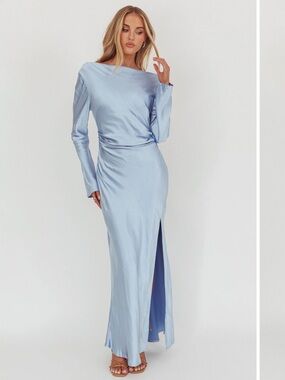 Selfie Leslie-Loveland Cowl Back Light Baby Ice Blue Satin Long Sleeve Dress